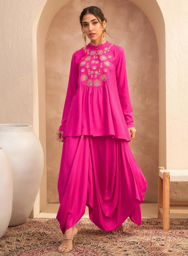 SASSAFRAS Fuchsia Embroidered Peplum Top with Dhoti Skirt Set