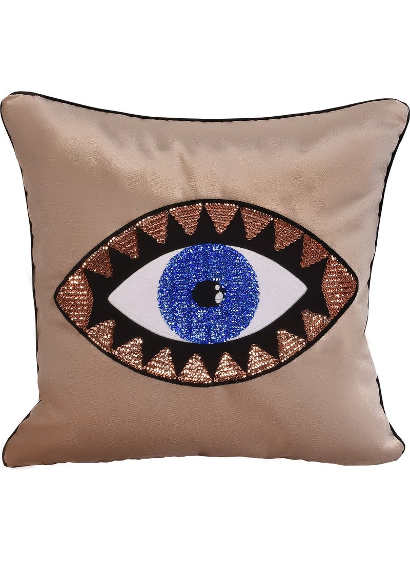 Ge Living - Set of Two Beige Velvet Bronze Blue Eye Embroidered Pillow Case - Image 1