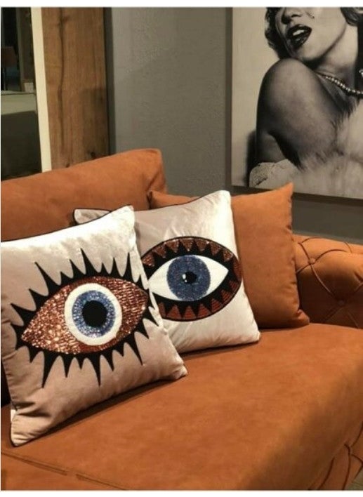 Ge Living - Set of Two Beige Velvet Bronze Blue Eye Embroidered Pillow Case - Image 1