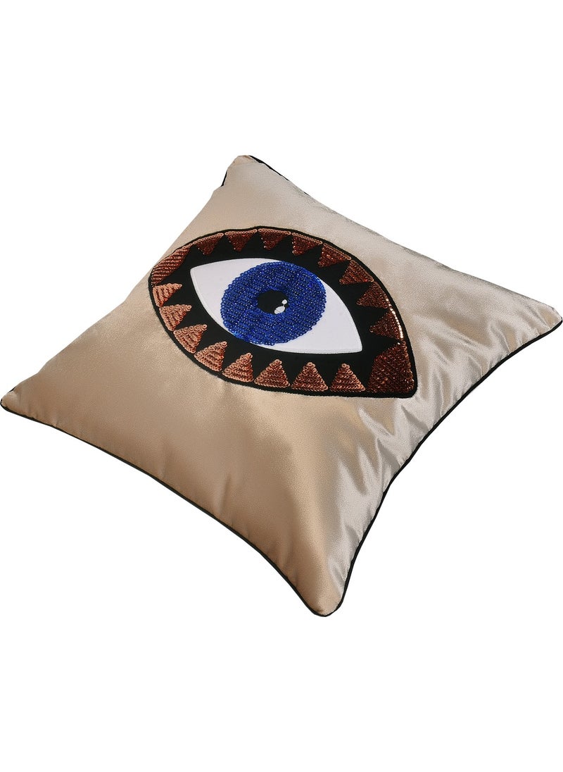 Ge Living - Set of Two Beige Velvet Bronze Blue Eye Embroidered Pillow Case - Image 1