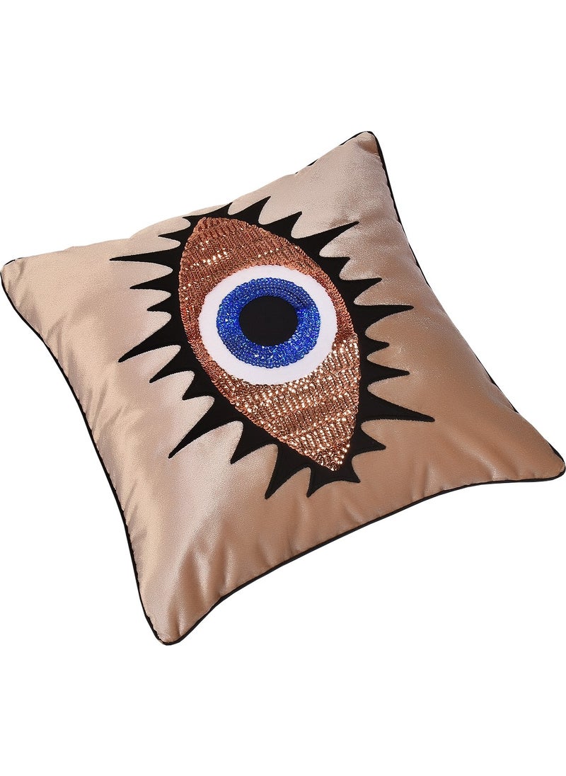 Ge Living - Set of Two Beige Velvet Bronze Blue Eye Embroidered Pillow Case - Image 1