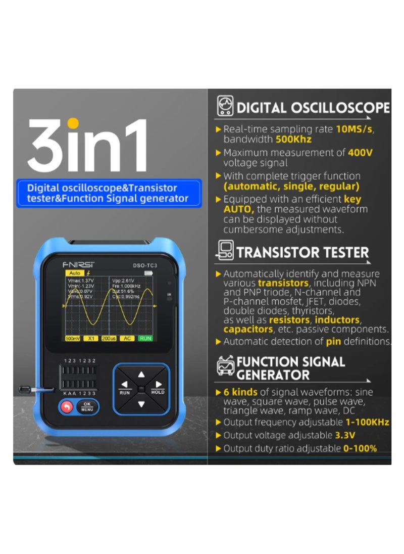 3in1 Digital Oscilloscope Transistor Tester Function Signal Generator Meter Handheld Oscilloscope 2.4inch TFT Display 10MS/s Sample Rate 500KHz Bandwidth Oscillometer