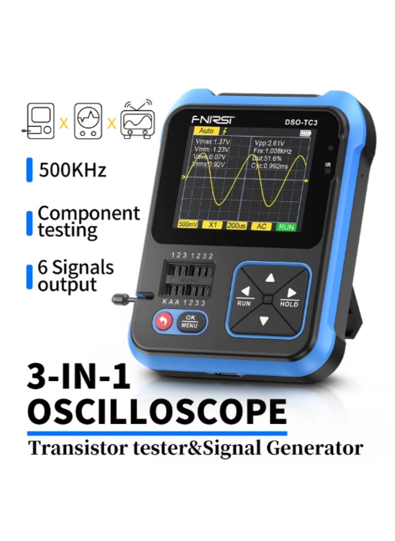 3in1 Digital Oscilloscope Transistor Tester Function Signal Generator Meter Handheld Oscilloscope 2.4inch TFT Display 10MS/s Sample Rate 500KHz Bandwidth Oscillometer