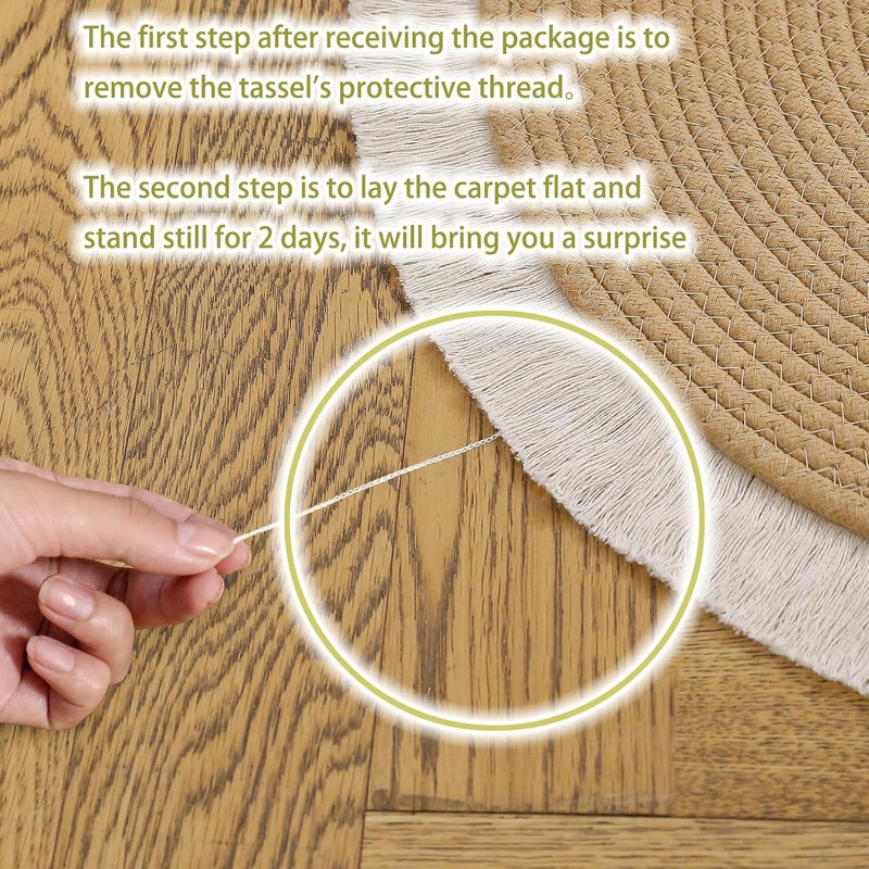 VASAC Cotton Rope Round Rug with Tassels – Handwoven Bohemian Carpet for Living Room, Bedroom, Pooja & Home Décor, Soft & Washable Floor Mat, Beige, 70 cm - Image 2