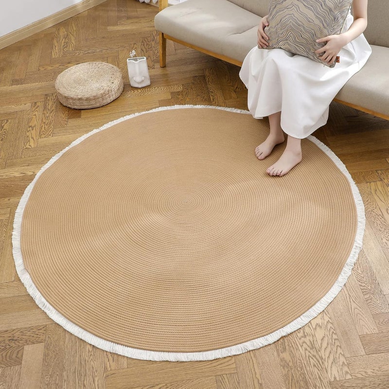 VASAC Cotton Rope Round Rug with Tassels – Handwoven Bohemian Carpet for Living Room, Bedroom, Pooja & Home Décor, Soft & Washable Floor Mat, Beige, 70 cm - Image 1