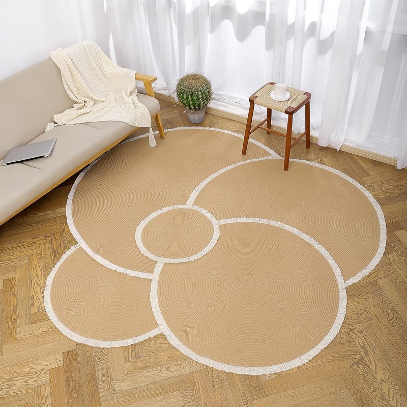 VASAC Cotton Rope Round Rug with Tassels – Handwoven Bohemian Carpet for Living Room, Bedroom, Pooja & Home Décor, Soft & Washable Floor Mat, Beige, 70 cm - Image 5