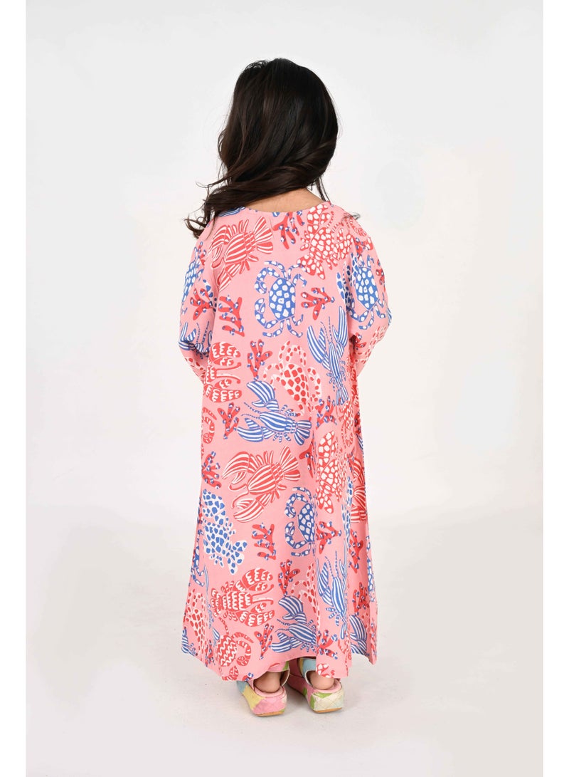 Linelle Kids Jalabiya – Pink Base with Multicolored Abstract Floral Print and Embroidery Detailing - Image 3