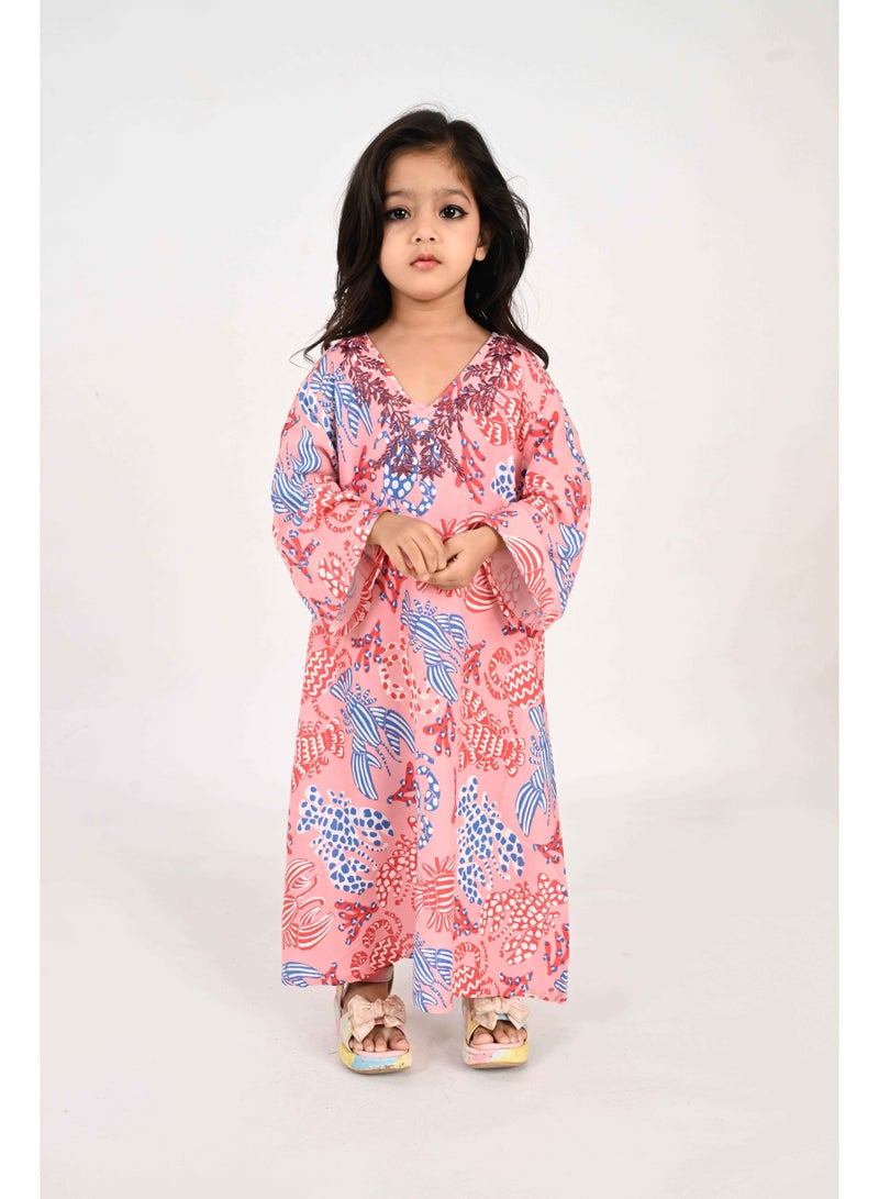 Linelle Kids Jalabiya – Pink Base with Multicolored Abstract Floral Print and Embroidery Detailing - Image 1