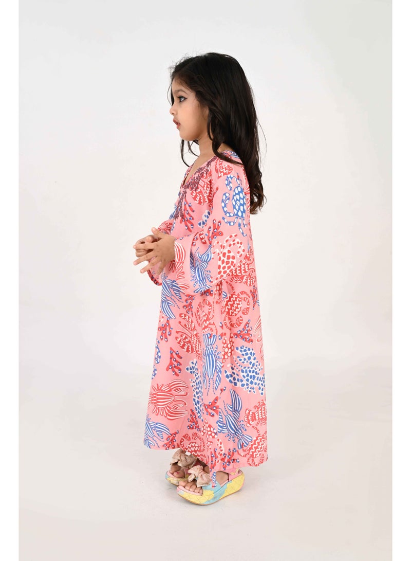Linelle Kids Jalabiya – Pink Base with Multicolored Abstract Floral Print and Embroidery Detailing - Image 2