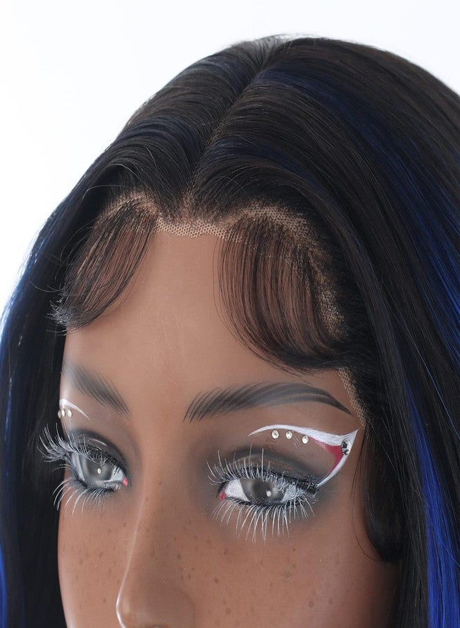ANDRIA Blue Wig Highlight Lace Front Loose Wave Wigs with Baby Hair Black mix Blue Glueless Lace Wigs, 24 Inches - Image 5