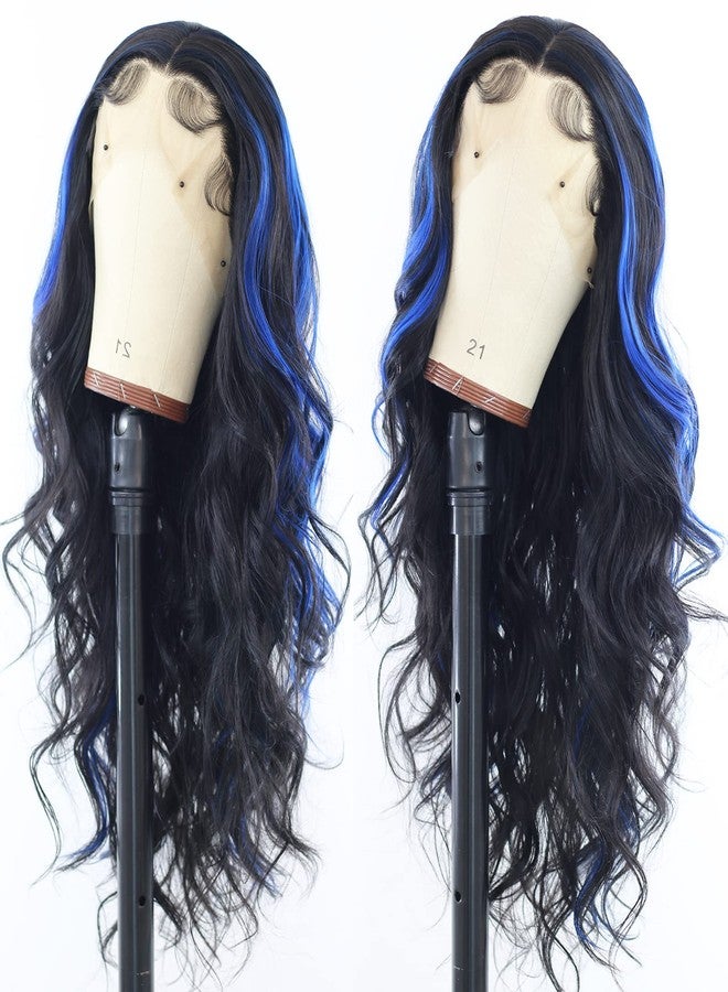 ANDRIA Blue Wig Highlight Lace Front Loose Wave Wigs with Baby Hair Black mix Blue Glueless Lace Wigs, 24 Inches - Image 3