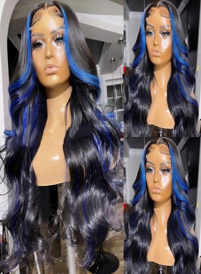 ANDRIA Blue Wig Highlight Lace Front Loose Wave Wigs with Baby Hair Black mix Blue Glueless Lace Wigs, 24 Inches - Image 2