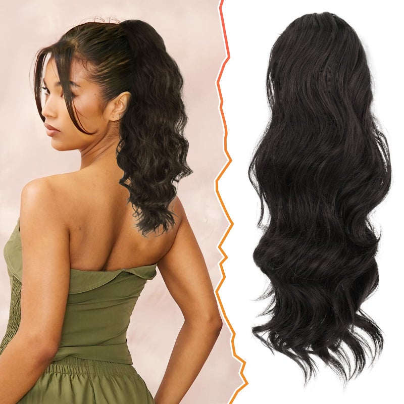 BARSDAR Drawstring Ponytail Extension 16 Inch Black Brown Short Wavy Ponytail Hair Extensions for Women Soft Synthetic Clip in Pony Tails Hirpieces Daily Party Halloween Black Brown