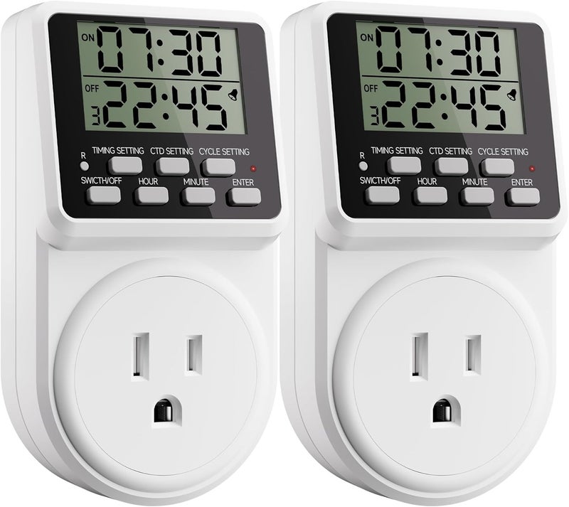 Techbee Indoor Digital Infinite Repeat Cycle Intermittent Outlet Timer Plug 24 Hour Programmable Timed Electrical Power Switch with Countdown Delay on Off Function for Lights and Appliances (2 Pack) - Image 1