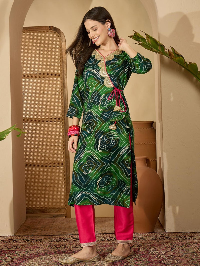 EthnicJunction Women's Bottle Green Pure Rayon Bandhani Print Embroidery Angrakha Knot Kurta - Image 4