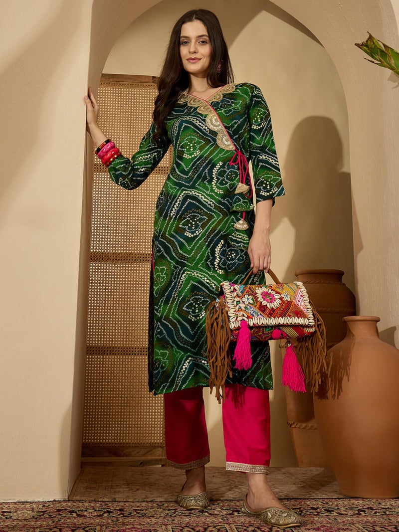 EthnicJunction Women's Bottle Green Pure Rayon Bandhani Print Embroidery Angrakha Knot Kurta - Image 3