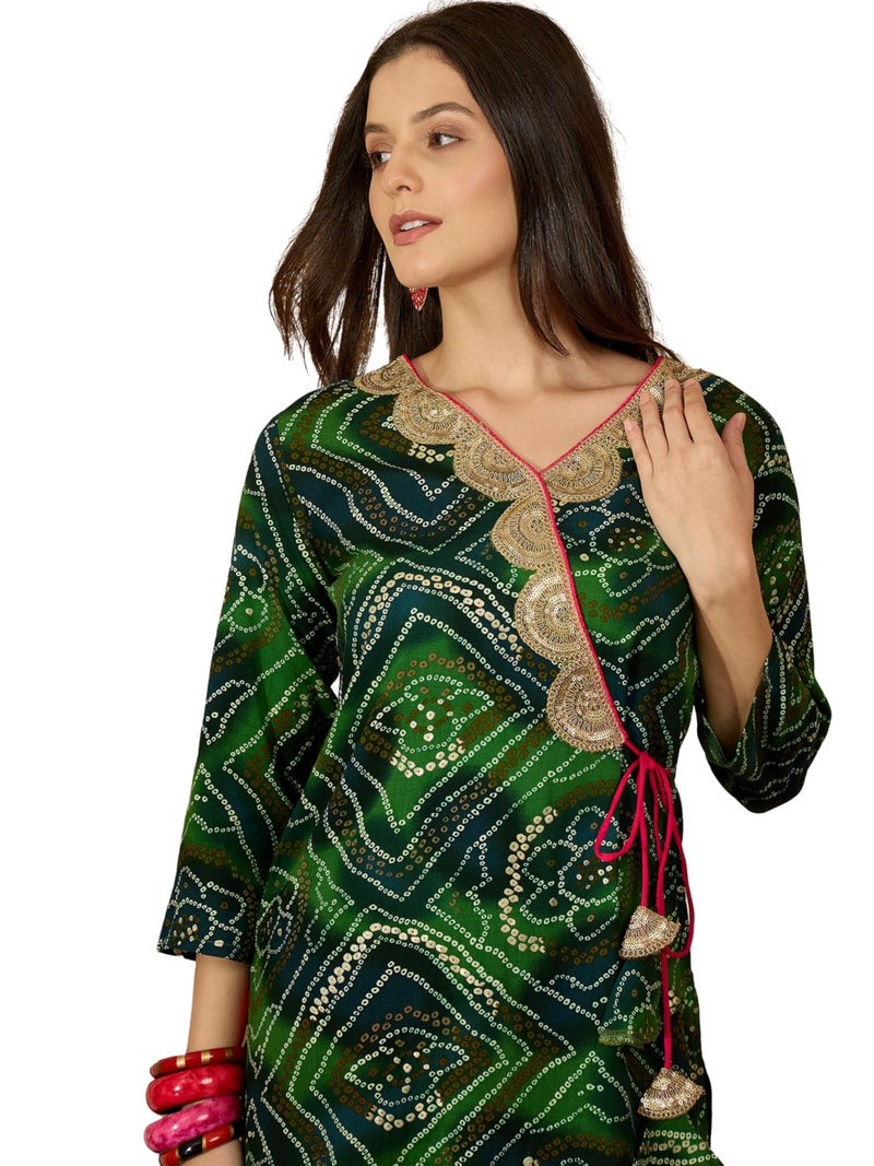 EthnicJunction Women's Bottle Green Pure Rayon Bandhani Print Embroidery Angrakha Knot Kurta - Image 1