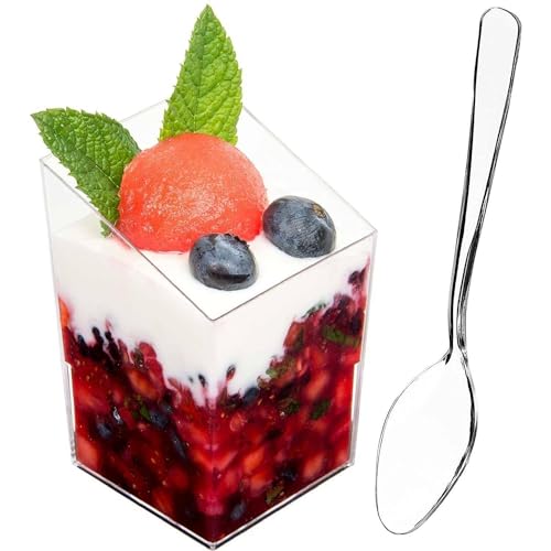 DLux 32 x 3 oz Mini Dessert Cups with Spoons Square Slanted  Clear Plastic Parfait Appetizer Cup  Small Reusable Serving Bowl for Tasting Party Desserts Appetizers  With Recipe Ebook