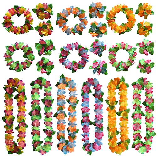 YAXAMING 24 Pcs Hawaiian Leis Headband Wristbands Hawaii Luau Tropical Leaf Flower Necklace Headpiece Hair Bands Hairband Bracelets Women Cosplay Summer Beach Wedding Dress Up Birthday Party Supplies - Image 1