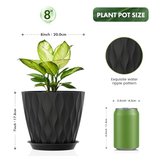 UOUZ 8 Inch Plant Pots, 4 Pack Plastic Planters for Indoor Outdoor with Drainage Holes & Saucers, Waffle Texture Flower Pots for Indoor Plants, Indoor Plant Pots for Monstera, Fiddle Leaf Fig, Black - Image 2