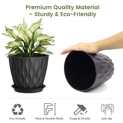 UOUZ 8 Inch Plant Pots, 4 Pack Plastic Planters for Indoor Outdoor with Drainage Holes & Saucers, Waffle Texture Flower Pots for Indoor Plants, Indoor Plant Pots for Monstera, Fiddle Leaf Fig, Black - Image 4