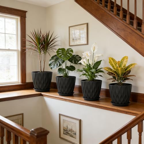 UOUZ 8 Inch Plant Pots, 4 Pack Plastic Planters for Indoor Outdoor with Drainage Holes & Saucers, Waffle Texture Flower Pots for Indoor Plants, Indoor Plant Pots for Monstera, Fiddle Leaf Fig, Black - Image 5
