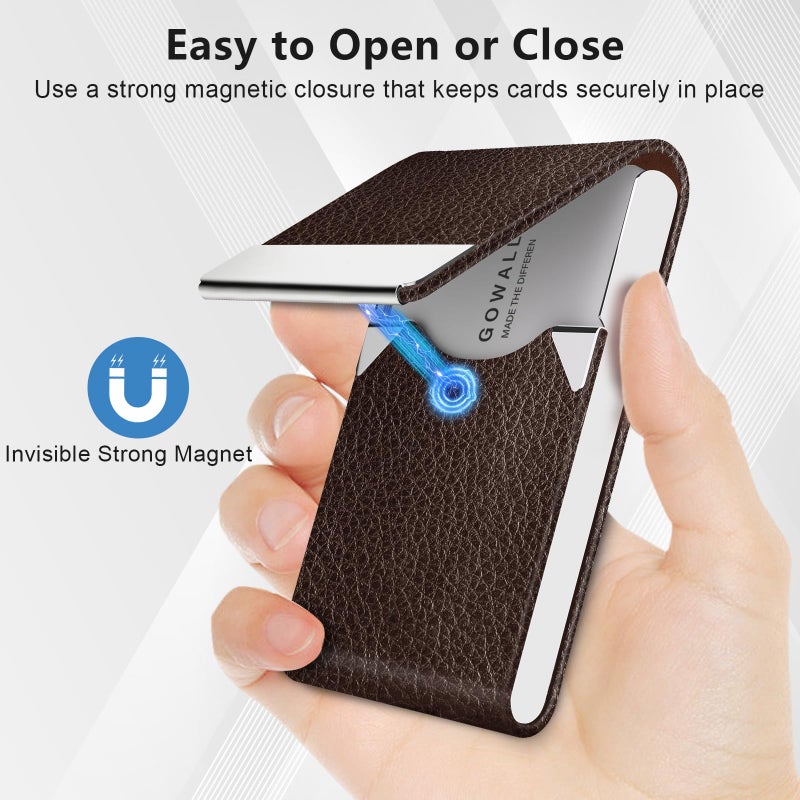 GOWALL Business Card Holder with Magnetic Closure, Slim Metal PU Business Card Case for Men Women, 3.7 x 2.3 inches RFID Blocking Credit Cards Holder for Pocket or Bag Storage, Coffee - Image 2