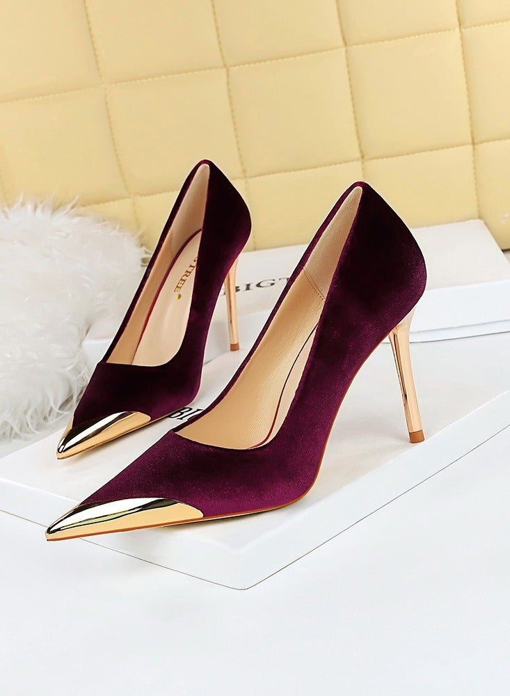 BIGTREE Women's Elegant Velour Stiletto Pumps 10 CM Fashion Gorgeous Closed Metal Pointed Toe Slip On Solid High Heels Wine Red  - Image 1