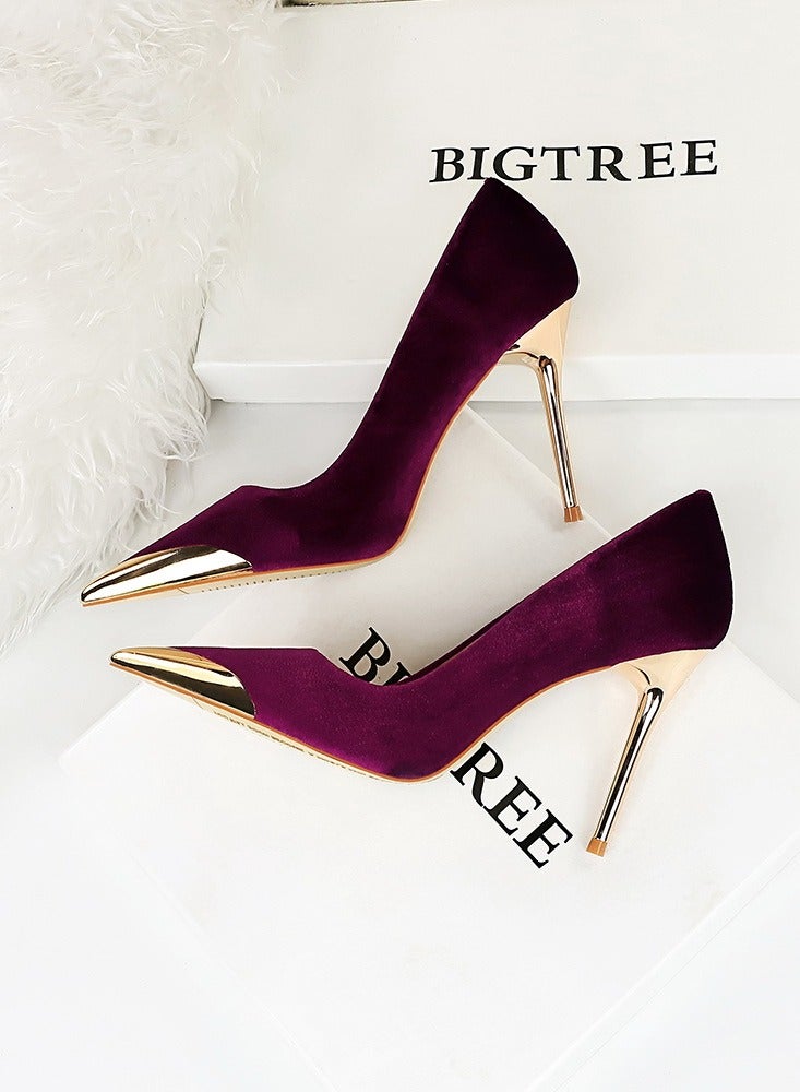 BIGTREE Women's Elegant Velour Stiletto Pumps 10 CM Fashion Gorgeous Closed Metal Pointed Toe Slip On Solid High Heels Wine Red  - Image 3