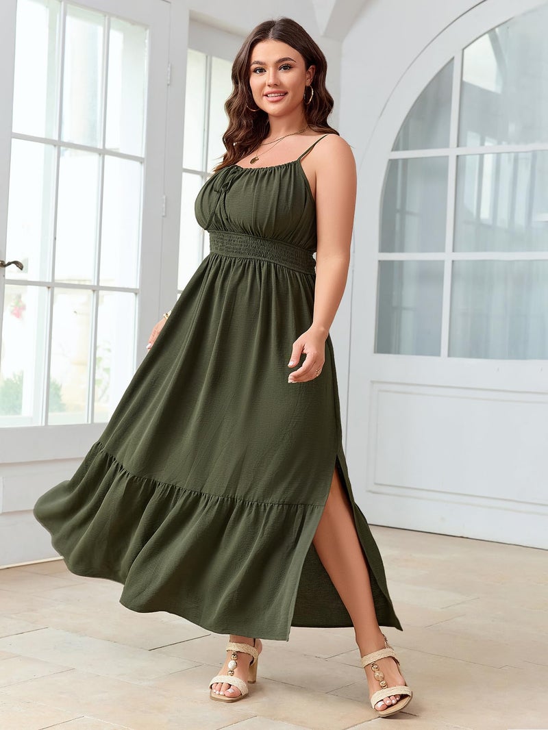 SCOMCHIC Plus Size Summer Boho Dresses Spaghetti Strap Sleeveless Casual Sundress Smocked Flowy Slit Beach Maxi Dress Green - Image 5