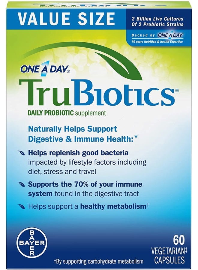 TruBiotics Daily Probiotic, 60 Capsules - Gluten Free, Soy Free Digestive + Immune Health Support Supplement for Men and Women - Image 1