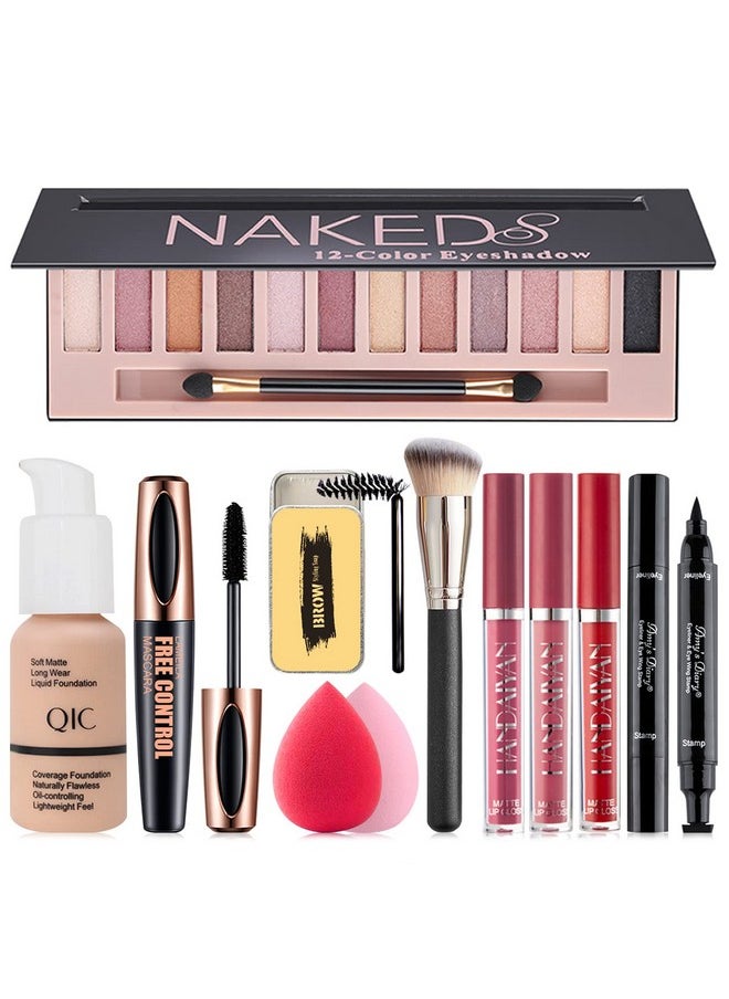 Rentonz All In One Makeup Kit 12 Colors Eyeshadow Palette Beige Foundation Lipstick Set Eyebrow Soap Eyeliner Stamp Waterproof Mascara Makeup Brush Makeup Sponge Gift Set For Women Girls & Teens  - Image 2