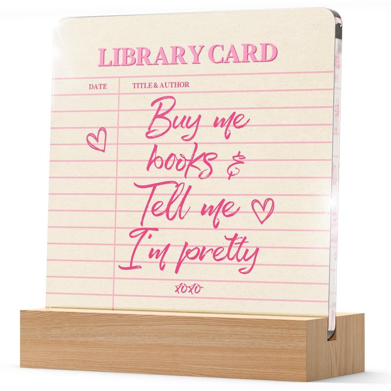 YAANUNULU Buy Me Books & Tell Me I am Pretty Desk Decor Acrylic Plaque with Wooden Stand for Women Book Lovers, Bookish Home Decoration Home Bedroom Office Bookshelf Decor 4.3 X 4.7 Inches - Image 1