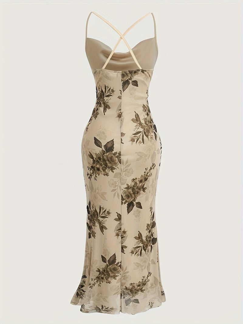 Vintage Elegant Cocktail Party Spaghetti Strap Printed Mesh Midi Dress for Women - Image 2