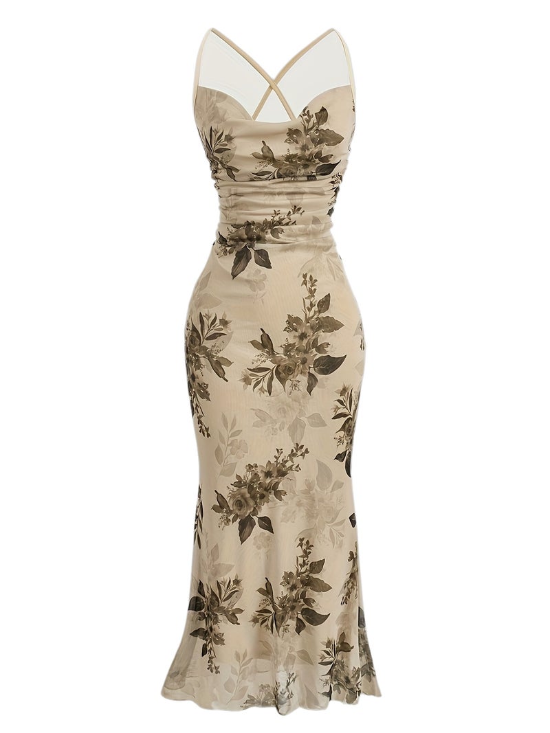 Vintage Elegant Cocktail Party Spaghetti Strap Printed Mesh Midi Dress for Women - Image 1
