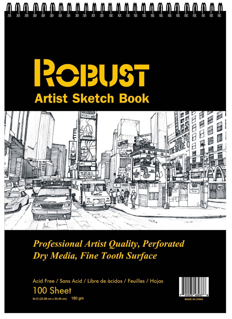 ROBUST - كتاب رسم قوي من سلسلة 400 (9 × 12 بوصة)، لوحة رسم 100 ورقة، دفتر رسم 180 جرامًا للمتر المربع، ورق فني للوسائط الجافة والرطبة، كتاب رسم للأطفال، ورق رسم فني حلزوني، كتاب فني خالٍ من الأحماض - Image 1