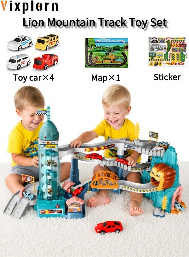 Vixplorn Children's race track / construction race track toys, race track toys, construction truck car and flexible track toy set, 4 toy racing cars + 1 bridge + 4 arch bridges + flexible DIY track set + lifting parking lot suitable for birthday toy gifts for children aged 3-9, racing cars and track toys - Image 1