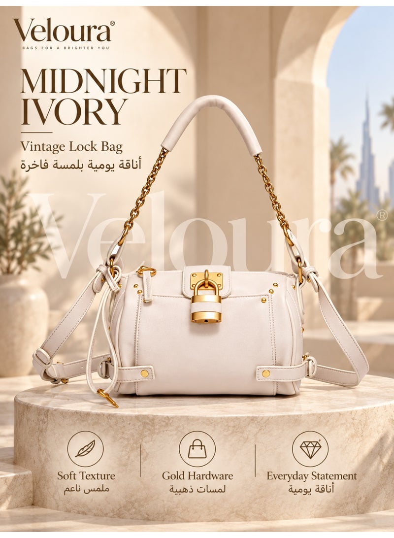 Veloura Women's Small Vintage Lock Satchel Bag with Chain Handle and Adjustable Shoulder Strap 21 x 11 x 15 cm - Image 2