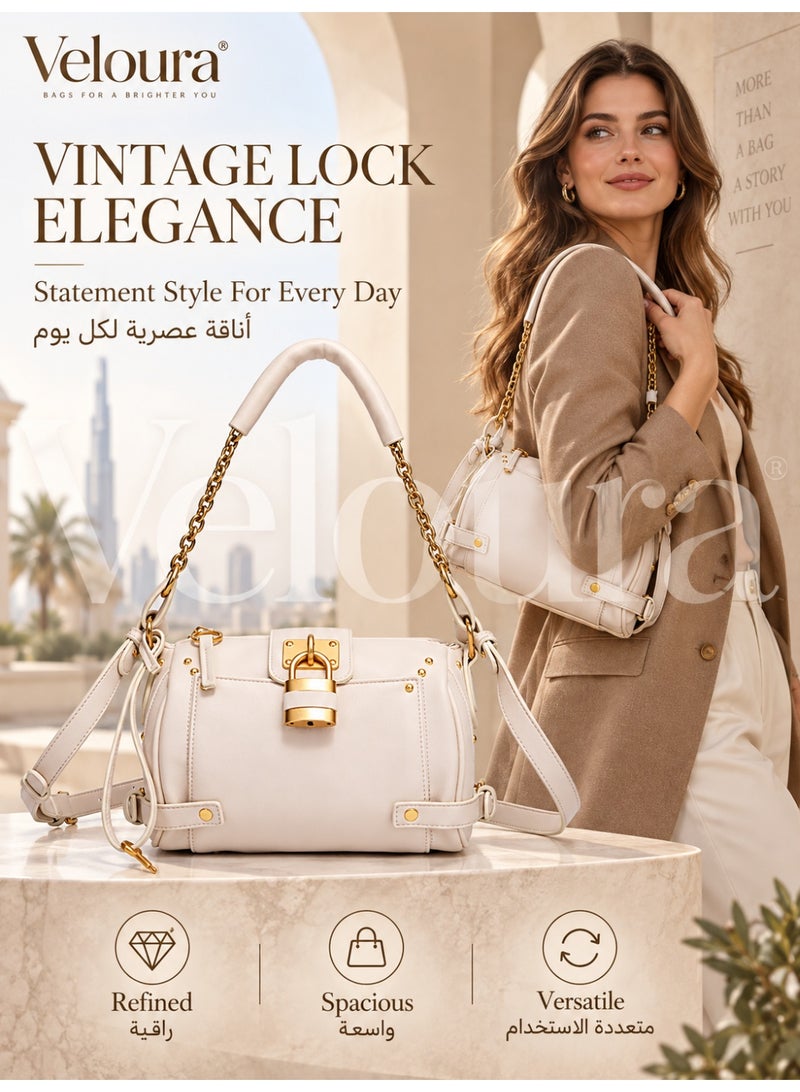 Veloura Women's Small Vintage Lock Satchel Bag with Chain Handle and Adjustable Shoulder Strap 21 x 11 x 15 cm - Image 1