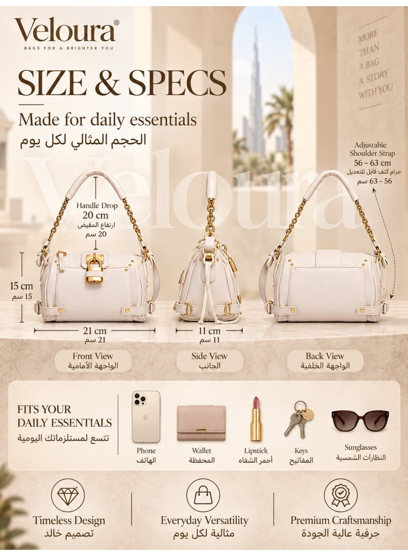 Veloura Women's Small Vintage Lock Satchel Bag with Chain Handle and Adjustable Shoulder Strap 21 x 11 x 15 cm - Image 3
