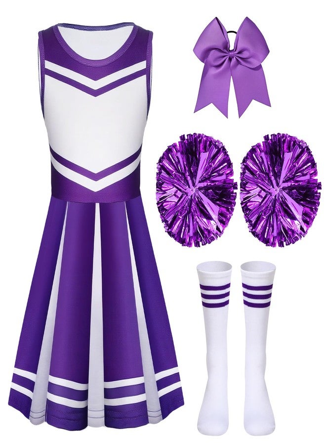 Sureio 4 Pcs Girls Cheerleader Costume for Girls Cheerleading Outfit for Kids Halloween Birthday Cosplay Party Gifts(Purple,8-9 Years) - Image 1