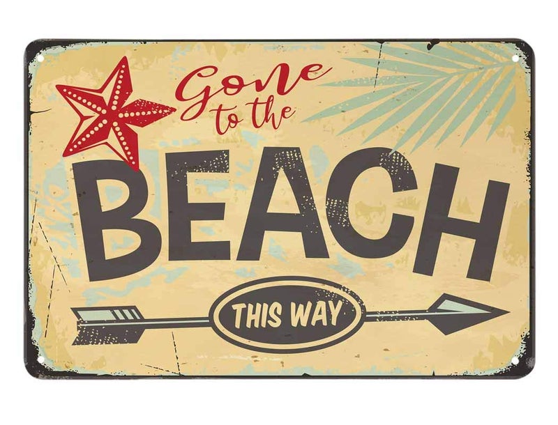 AOYEGO Beach Tin Sign,Star Arrow Tree Leaf Plant Nature Ocean Palm Tropical Sand Relax Surf Vintage Metal Tin Signs for Cafes Bars Pubs Shop Wall Decorative Funny Retro Signs for Men Women 8x12 Inch - Image 1