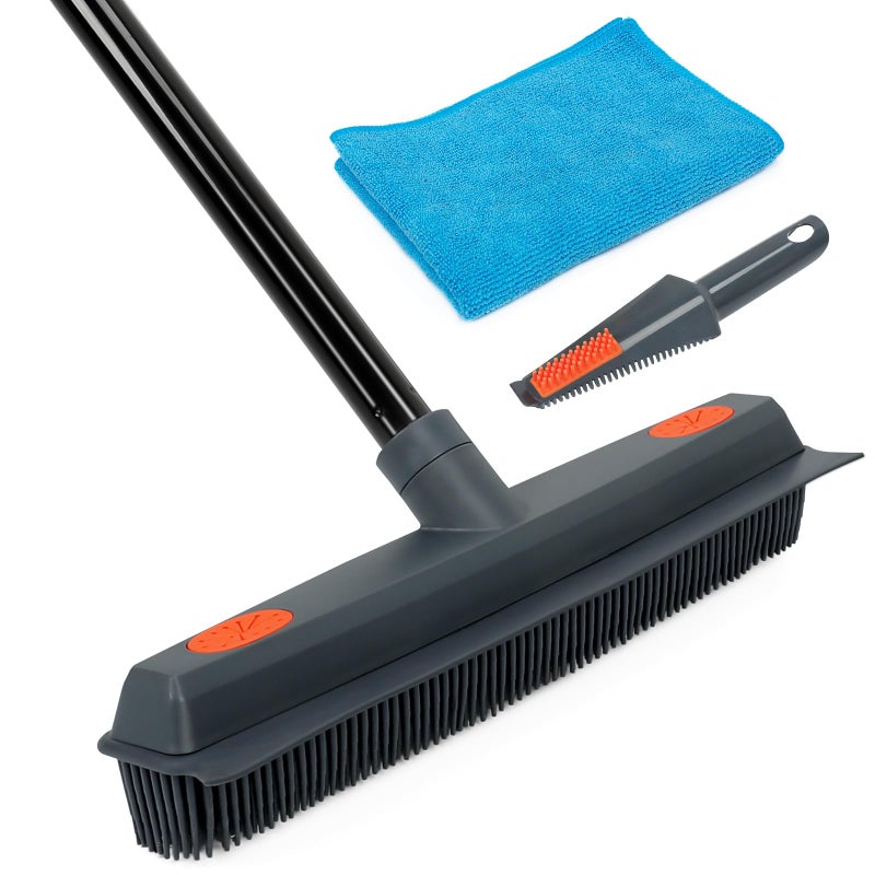 MAVRIZ Rubber Broom Carpet Rake for Pet Hair Removal - Fur Remover Broom with Squeegee for Carpet, Hardwood Floor, Tile - Image 1