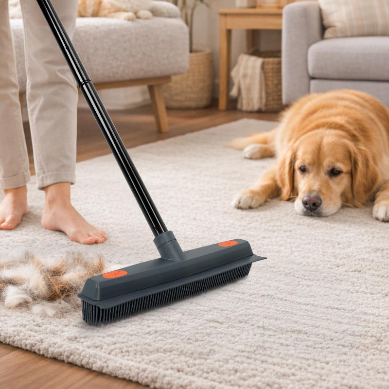 MAVRIZ Rubber Broom Carpet Rake for Pet Hair Removal - Fur Remover Broom with Squeegee for Carpet, Hardwood Floor, Tile - Image 2