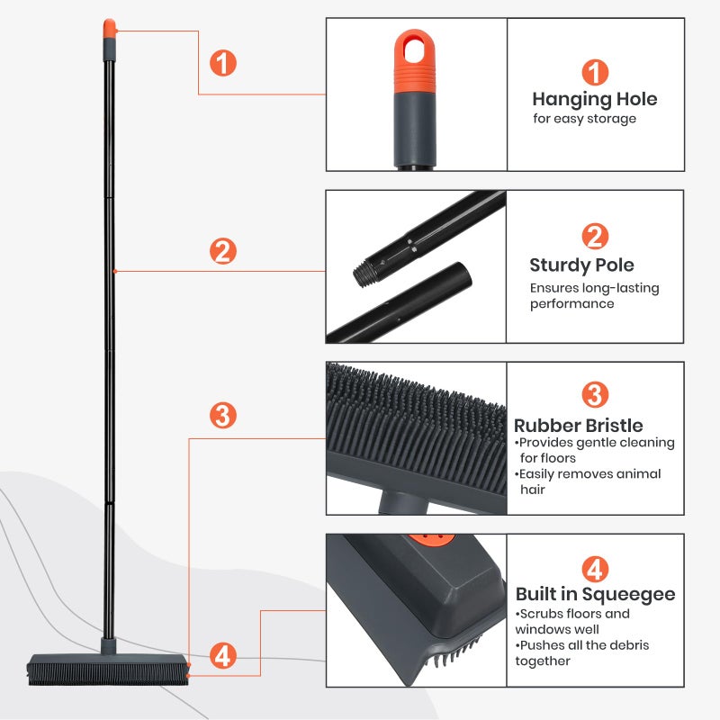 MAVRIZ Rubber Broom Carpet Rake for Pet Hair Removal - Fur Remover Broom with Squeegee for Carpet, Hardwood Floor, Tile - Image 4