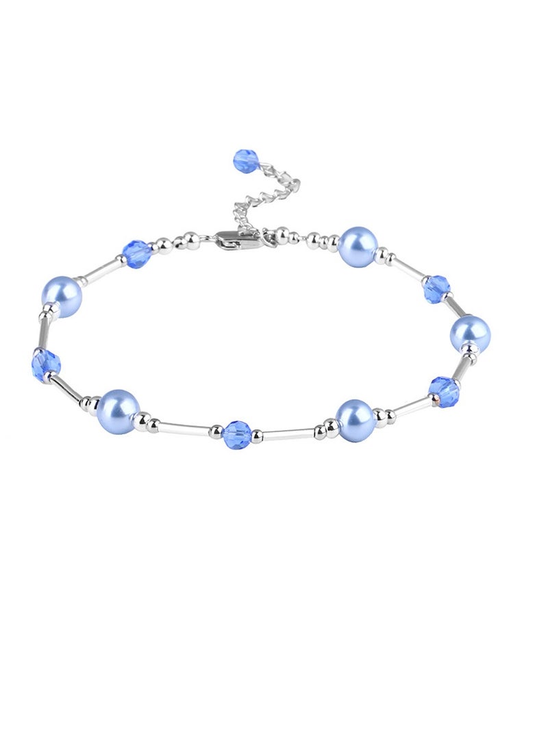 Excefore Layered Ankle Bracelets for Women, Girls Dainty Anklet, Summer Waterproof Crystal Pearl Ankle Bracelet, Blue Anklet for Bride On Wedding Gift, Bridesmaid Bead Chain Anklet, Bridal Shower Gifts - Image 1