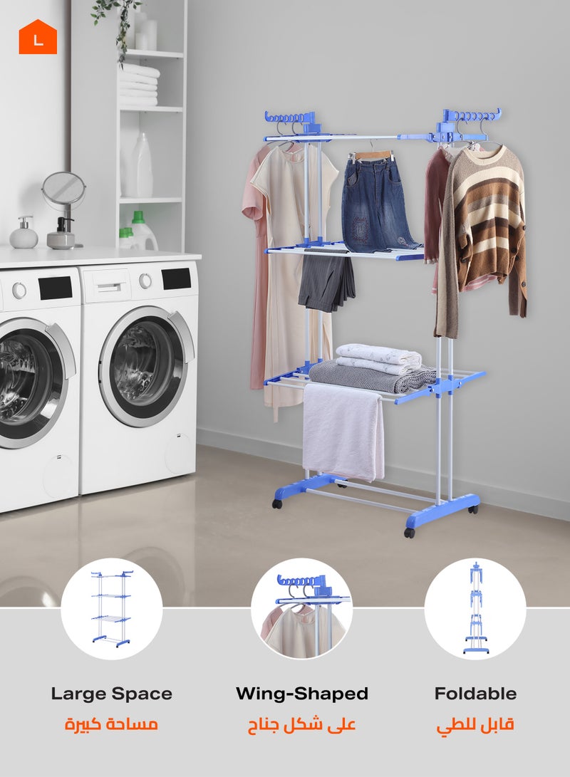 LAWAZIM Clothes Hanger - Clothes Drying Rack 4-Tier Foldable Free Standing Clothes Hanger Adjustable Movable Drying Rack for Laundry - Ideal for Balconies, Bathrooms, Bedrooms and Laundry Rooms, Blue - Image 5