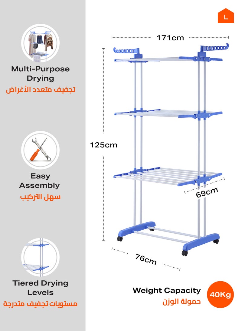 LAWAZIM Clothes Hanger - Clothes Drying Rack 4-Tier Foldable Free Standing Clothes Hanger Adjustable Movable Drying Rack for Laundry - Ideal for Balconies, Bathrooms, Bedrooms and Laundry Rooms, Blue - Image 2
