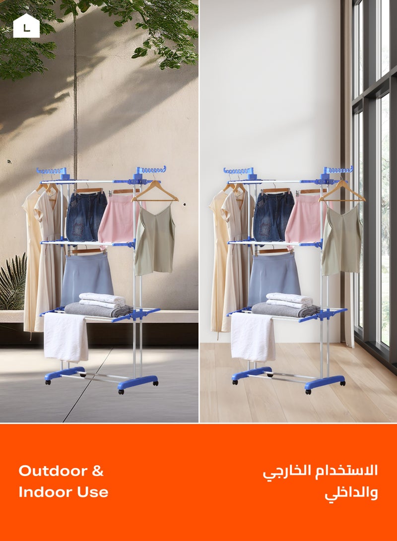 LAWAZIM Clothes Hanger - Clothes Drying Rack 4-Tier Foldable Free Standing Clothes Hanger Adjustable Movable Drying Rack for Laundry - Ideal for Balconies, Bathrooms, Bedrooms and Laundry Rooms, Blue - Image 4