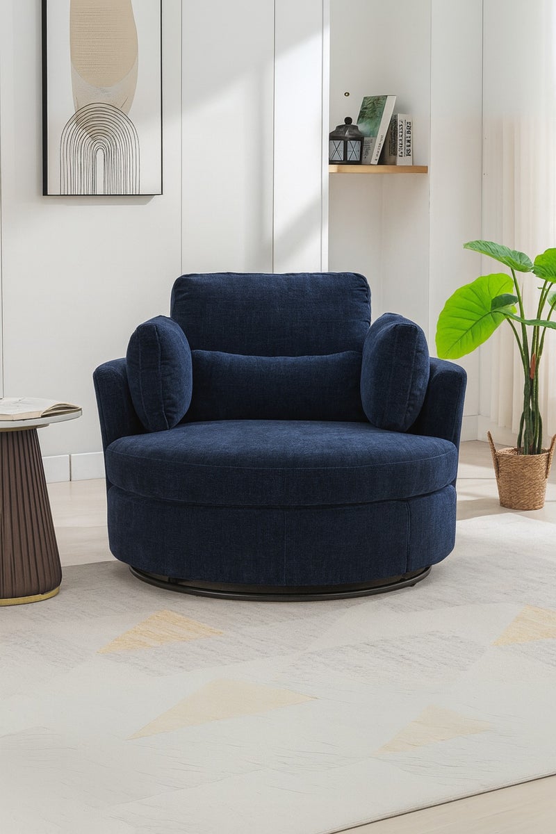 KUSTOMDECO Modern Round 360° Swivel Single Sofa Chair – Fabric Oversize Sofa Accent Armchair with Cushions for Living Room & Bedroom Furniture Blue - Image 1
